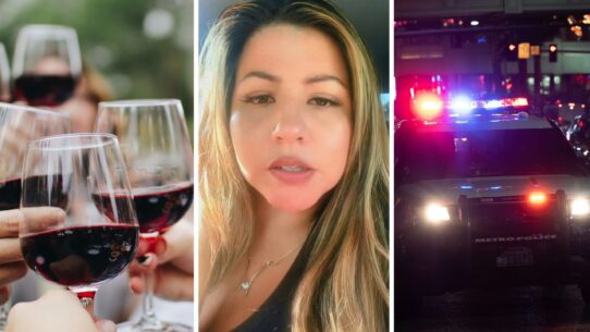 glass of wine (l) woman shares DUI experience (c) police car (r)