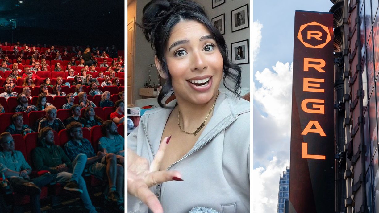 movie theatre (l) woman shares 4DX movie experience (c) Regal cinemas entrance (r)