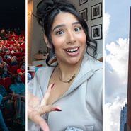 movie theatre (l) woman shares 4DX movie experience (c) Regal cinemas entrance (r)