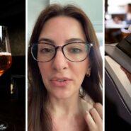 glass of wine (l) woman shares restaurant experience (c) restaurant bill (r)