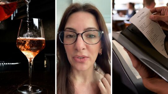 glass of wine (l) woman shares restaurant experience (c) restaurant bill (r)