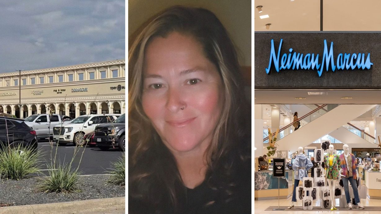 Luxury outlet mall (l) woman shares outlet observation (c) Neiman Marcys storefront (r)