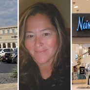 Luxury outlet mall (l) woman shares outlet observation (c) Neiman Marcys storefront (r)
