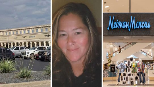 Luxury outlet mall (l) woman shares outlet observation (c) Neiman Marcys storefront (r)