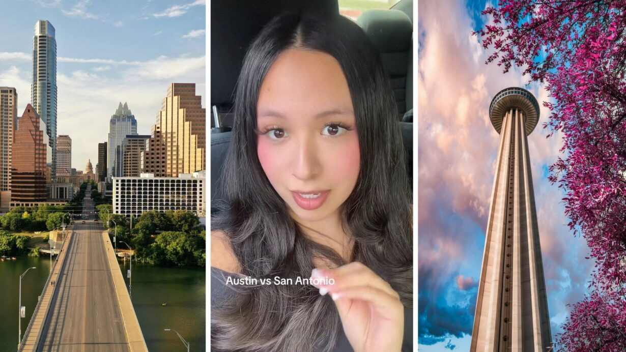 Downtown Austin Texas (l) woman shares San Antonio living experience (c) San Antonio Texas landmark (r)