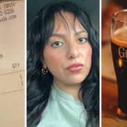 bar tab (l) woman shares bar prices (c) glass of Guinness (r)