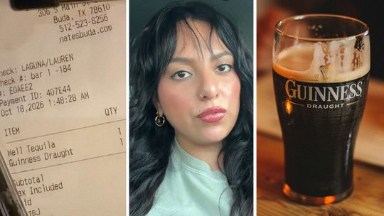 bar tab (l) woman shares bar prices (c) glass of Guinness (r)