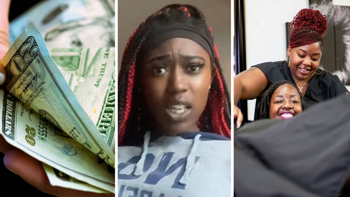 woman making service deposit (l) woman shares hair appointment issue (c) woman at a hair salon (r)