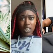 woman making service deposit (l) woman shares hair appointment issue (c) woman at a hair salon (r)