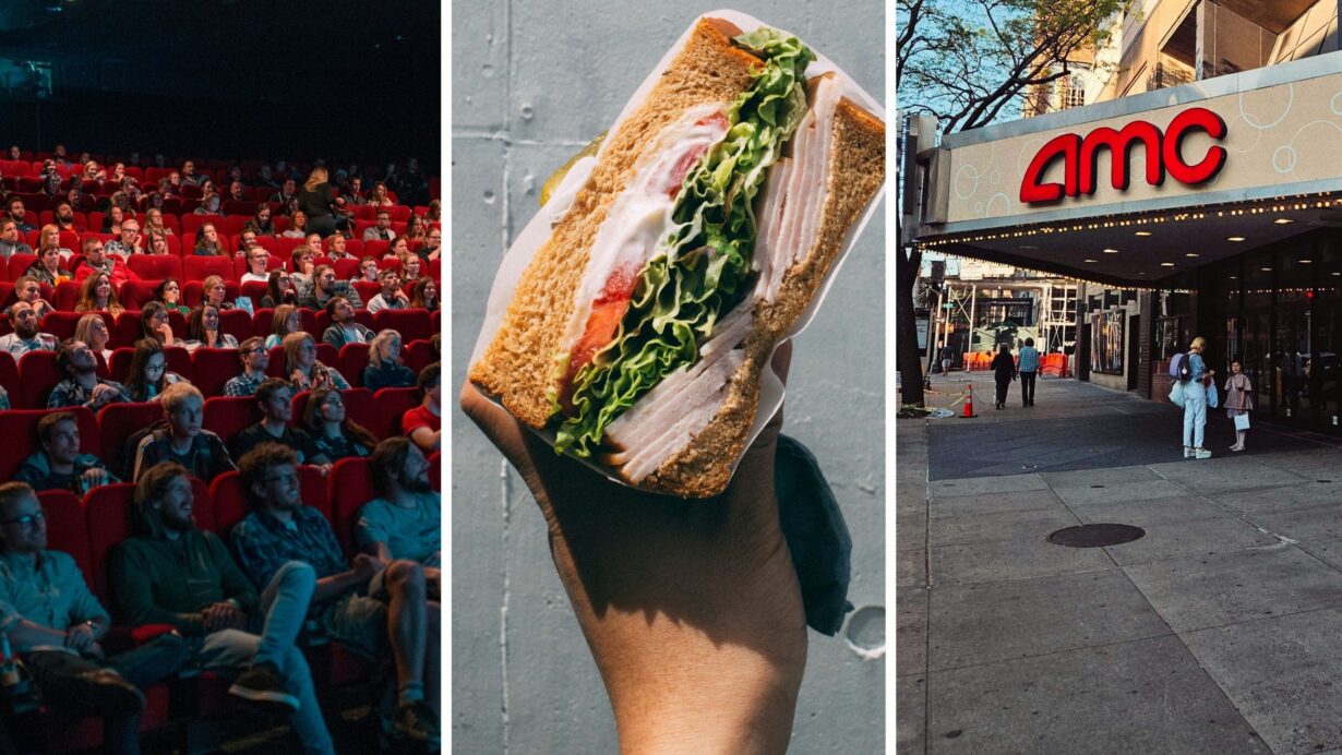 inside movie theatre (l) sandwich on hand (c) AMC movie theatre (r)