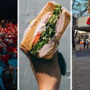 inside movie theatre (l) sandwich on hand (c) AMC movie theatre (r)