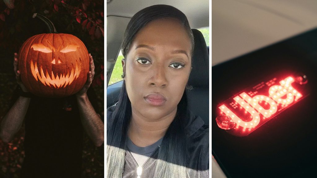 Halloween night (l) woman shares uber ob experience (c) Uber ride (r)