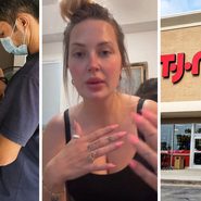 ill dog at the vet (l) woman shares dog concern (c) TJ Maxx storefront (r)