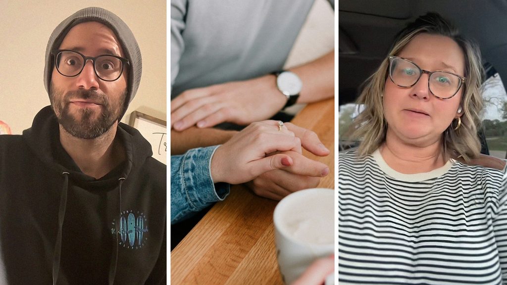 man has a surprised face (l) couple having a deep conversation (c) woman asks her partner a serious question (r)