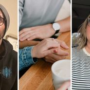 man has a surprised face (l) couple having a deep conversation (c) woman asks her partner a serious question (r)