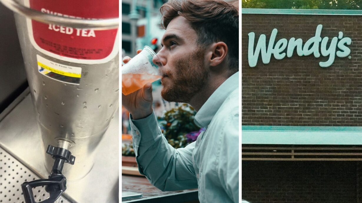 iced tea cooler (l) man shares Wendy's observation (c) Wendy's entrance (r)