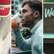 iced tea cooler (l) man shares Wendy's observation (c) Wendy's entrance (r)