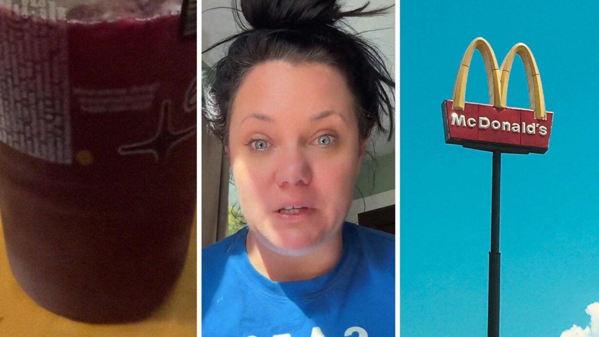Blackberry Passion Fruit Refresher (l) woman shares McDonalds concern (c) McDonalds entrance (r)