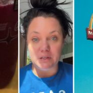 Blackberry Passion Fruit Refresher (l) woman shares McDonalds concern (c) McDonalds entrance (r)
