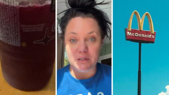 Blackberry Passion Fruit Refresher (l) woman shares McDonalds concern (c) McDonalds entrance (r)