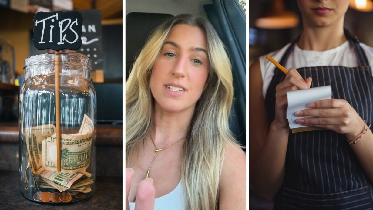 tipping jar (l) woman shares tipping opinion (c) waitress at work (r)