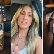 tipping jar (l) woman shares tipping opinion (c) waitress at work (r)