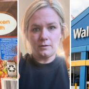 chicken broth (l) woman shares chicken broth issue (c) walmart storefront (r)