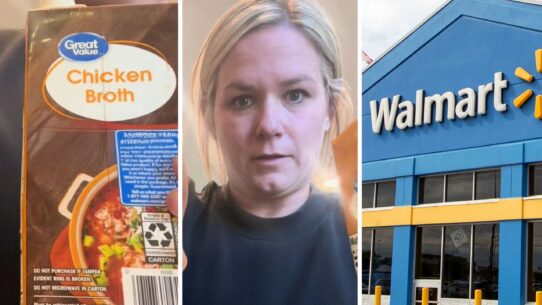 chicken broth (l) woman shares chicken broth issue (c) walmart storefront (r)