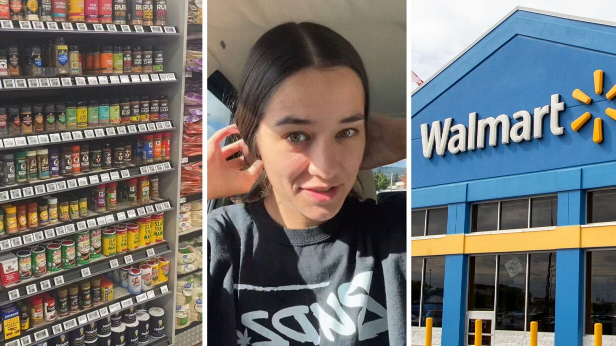seasoning shelf (l) woman shares walmart hack (c) walmart storefront (r)