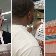 baker holding order (l) man goes cake shopping (c) Costco storefront (r)