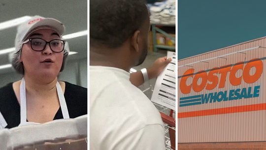 baker holding order (l) man goes cake shopping (c) Costco storefront (r)