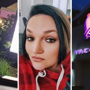 drive thru speaker (l) couple share taco bell experience (c) Taco Bell entrance (r)