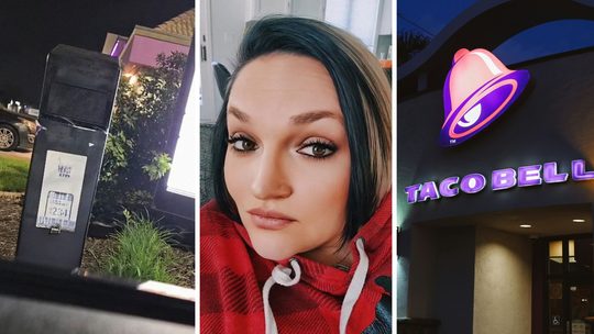 drive thru speaker (l) couple share taco bell experience (c) Taco Bell entrance (r)
