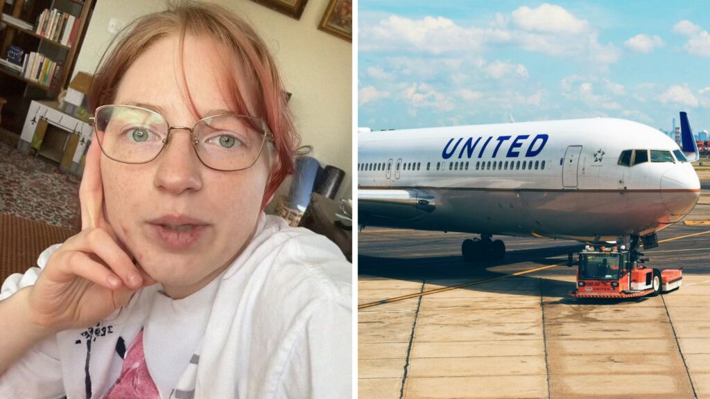 woman shares travelling experience (l) United airlines (r)
