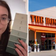 woman holding paint sample (l) The Home Depot entrance (r)
