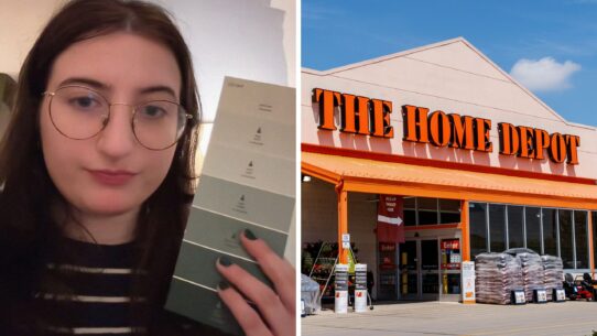 woman holding paint sample (l) The Home Depot entrance (r)