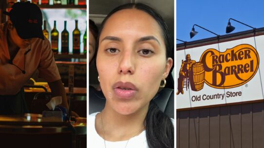 server clearing table (l) woman shares restaurant experience (c) Cracker Barrel entrance (r)