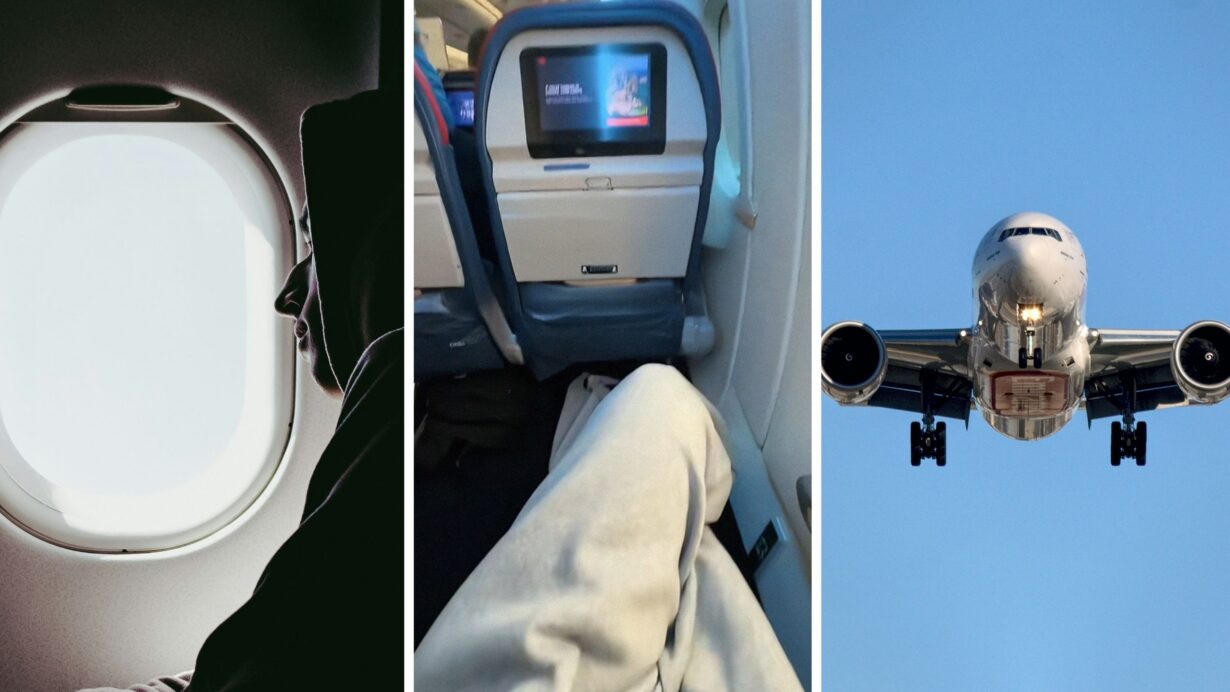 man inside flight (l) woman shares flight experience (c) flight in the sky (r)