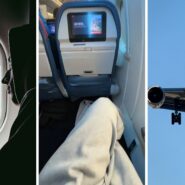 man inside flight (l) woman shares flight experience (c) flight in the sky (r)