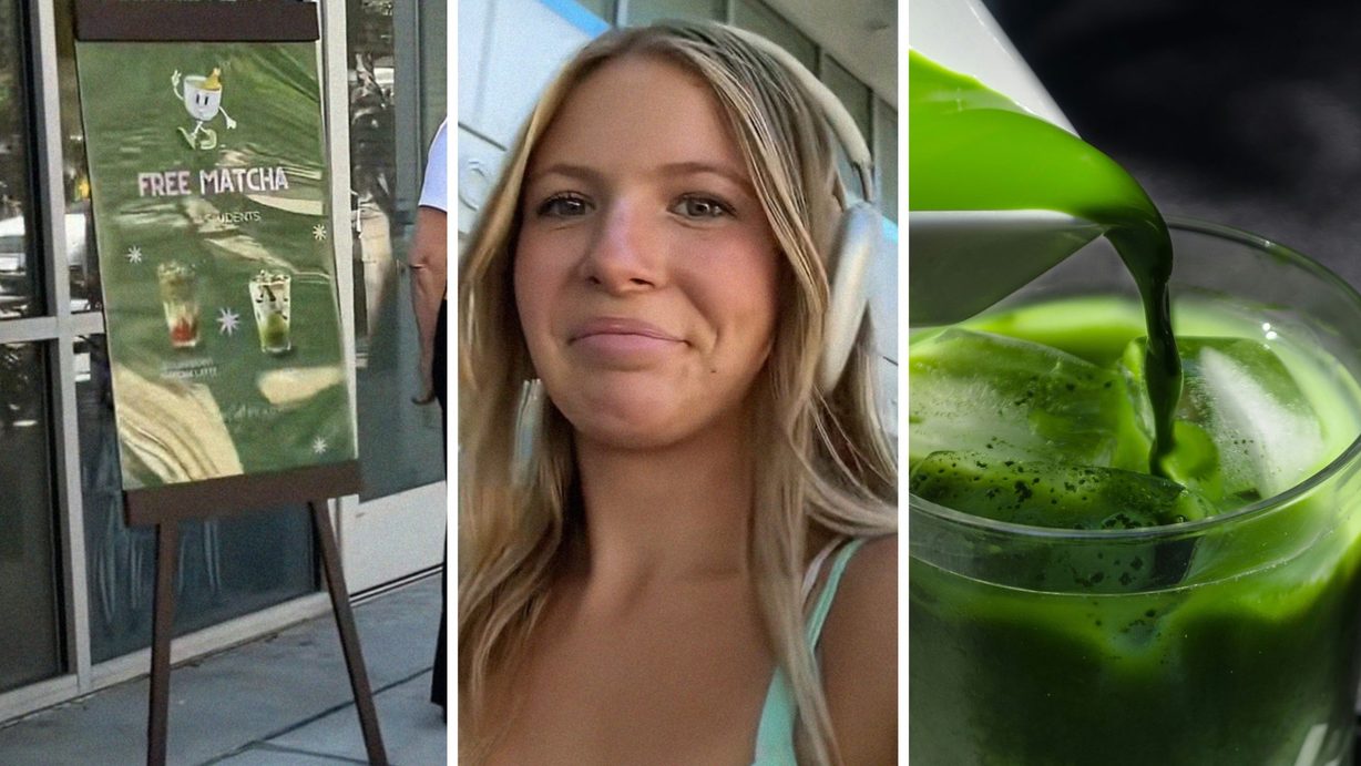 free matcha sign (l) woman shares free matcha observation (c) Iced Matcha (r)