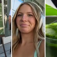 free matcha sign (l) woman shares free matcha observation (c) Iced Matcha (r)