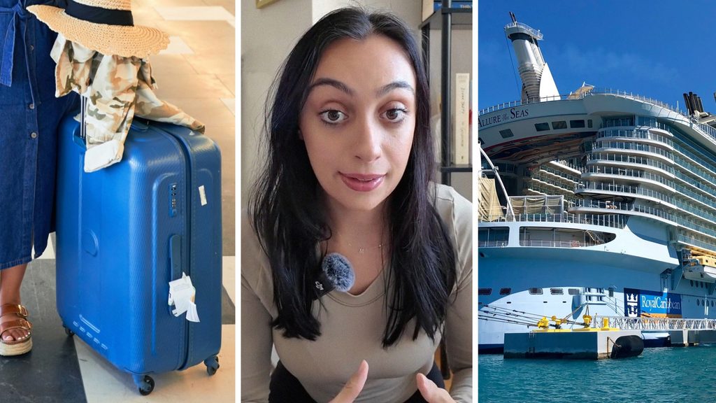 vacation luggage (l) woman shares Royal Caribbean experience (c) Royal Caribbean cruise (r)