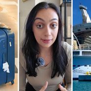 vacation luggage (l) woman shares Royal Caribbean experience (c) Royal Caribbean cruise (r)