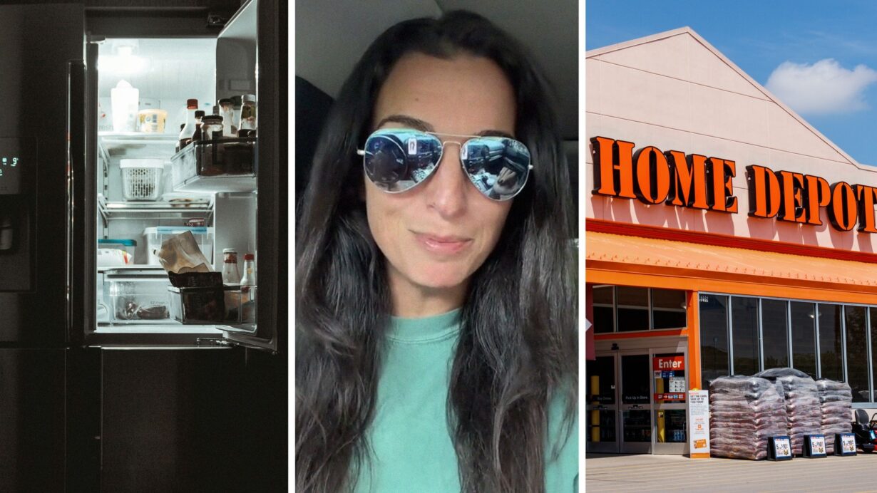 open fridge (l) woman shares fridge purchase issue (c) The Home Depot storefront (r)