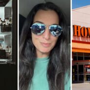 open fridge (l) woman shares fridge purchase issue (c) The Home Depot storefront (r)