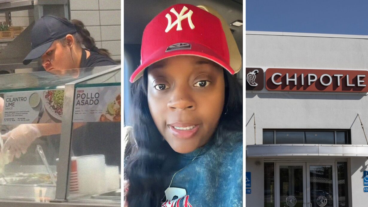 woman restocking food section (l) woman shares chipotle observation (c) Chipotle storefront (r)