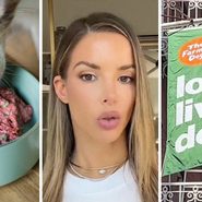 dog eating (l) woman shares dog food concern (c) Farmer's Dog office (r)