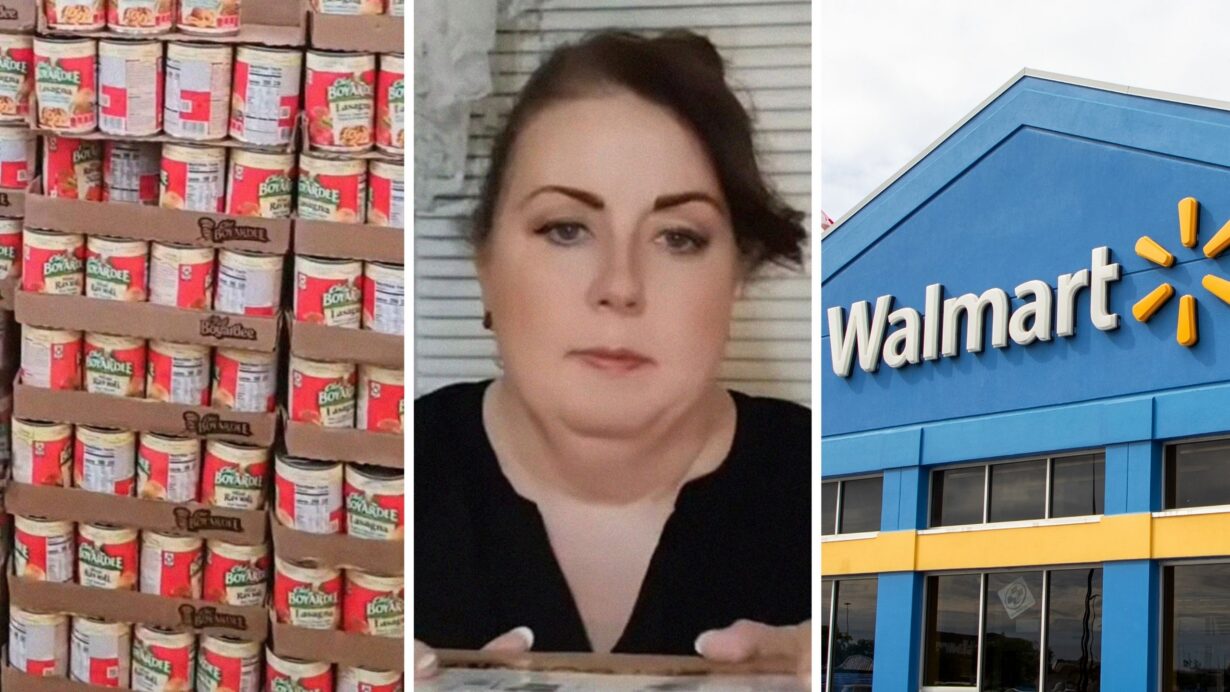 Chef Boyardee cans (l) woman shares walmart issue (c) walmart storefront (r)