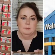 Chef Boyardee cans (l) woman shares walmart issue (c) walmart storefront (r)