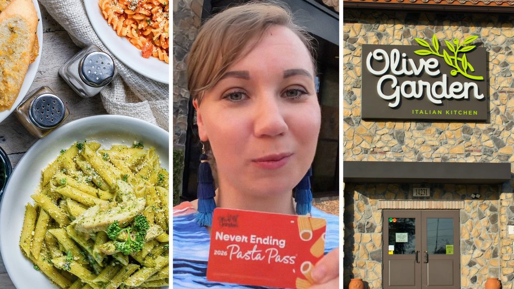 table with Pasta plates (l) woman shares Olive Garden experience (c) Olive Garden entrance (r)